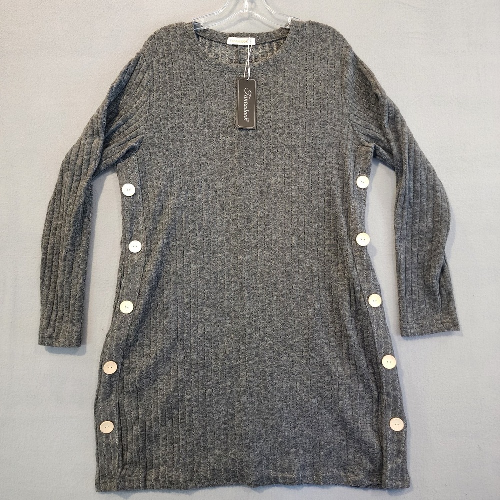Fantaslook‎ Women's Ribbed Knit Sweater Dress Gray Long Sleeve Side Button Tunic